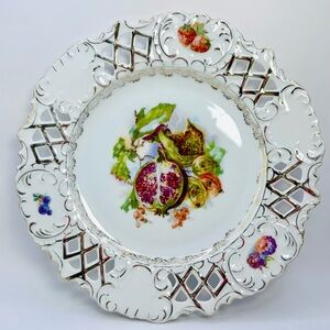 Antique Vintage Cut Out Porcelain Plate with Flowers & Fruit 10.2”